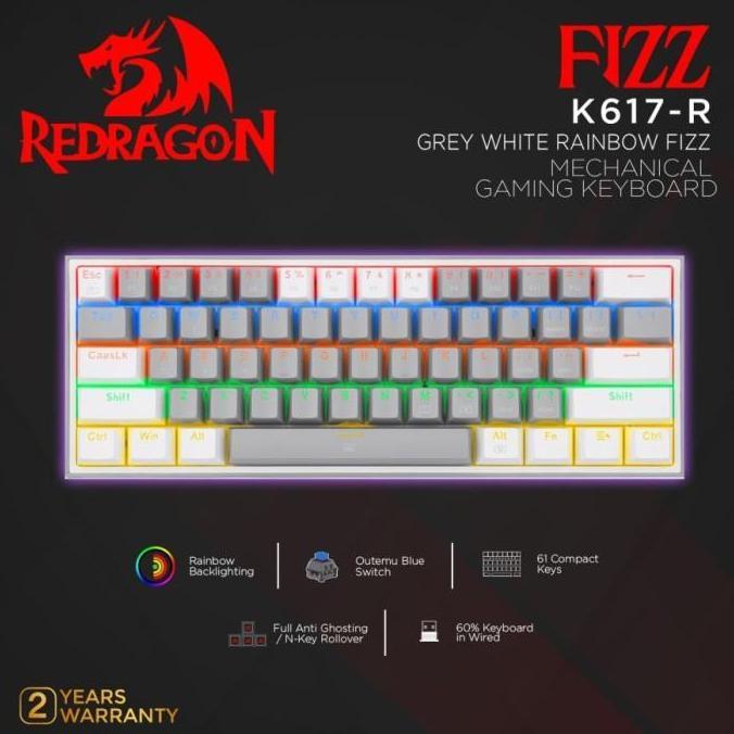Redragon Mechanical Gaming Keyboard 60% GREY WHITE RAINBOW FIZZ-K617-R