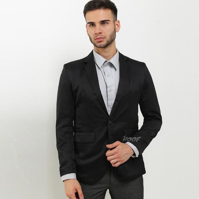 Uomo- Hoof Jas Pria Dan Blazer Pria Blackel Slimfit Polos Simple Glossy Hitam