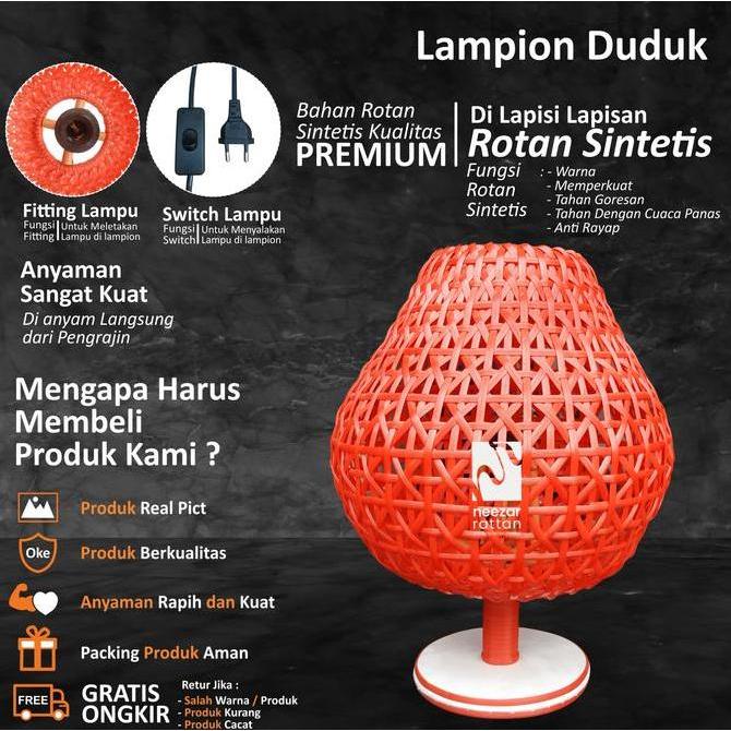 Neezar Rattan Lampion Duduk Rotan Sintetis Lampu Hias Meja Ruang Tamu Minimalis Kamar Diameter 30 cm