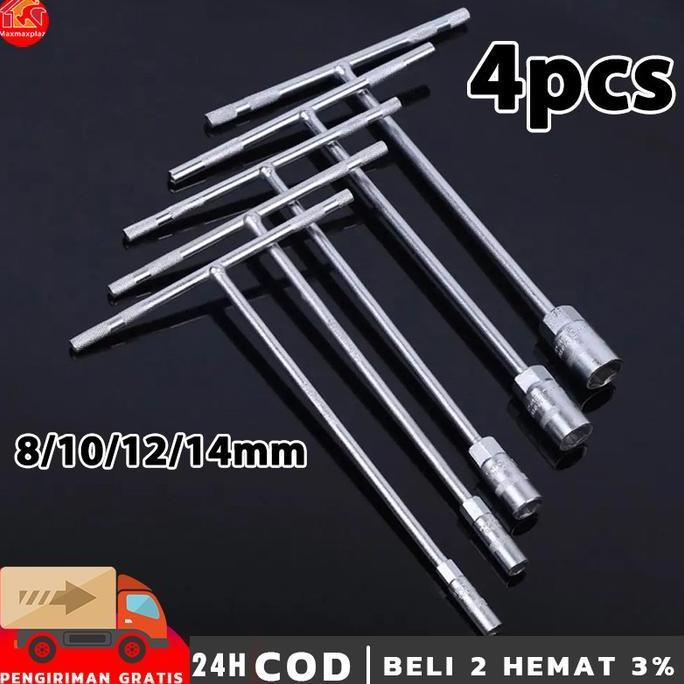 4PCS Kunci Sok T  8/10/12/14mm Harga Satuan Putih Chrome Lokal Kunci Shock Sock T Putih Mobil Motor 
