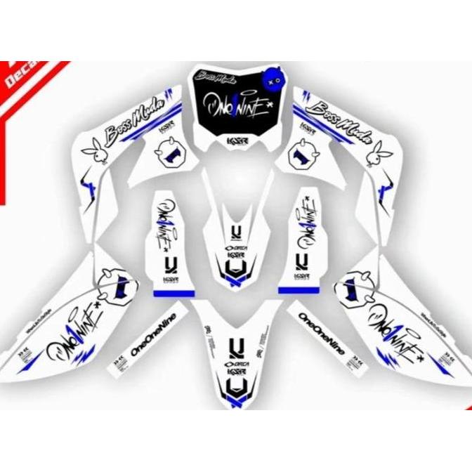 Decal stiker Full body dekal motor KLX 150 BF motif simpel hitam kombinasi biru orange D-A3