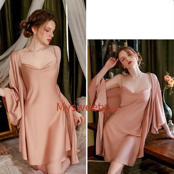 New  (M/L) Satu Set Lingerie Kimono Silk Satin Premium Baju Tidur Sexy Lingerie Kimono(/ Baju Tidur 