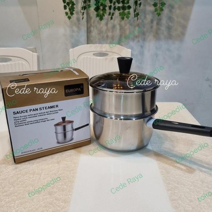 panci gagang + kukusan / sauce pan steamer stainless europa 18 cm