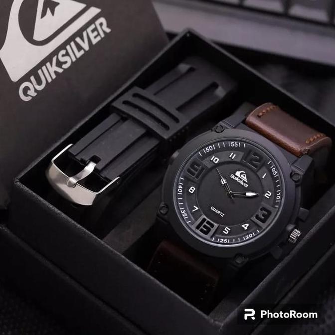 TERLARIS BEST SELLER - Jam Tangan Pria Quiksilver Tali Kulit Free Strap Rubber + Box Jam Tangan