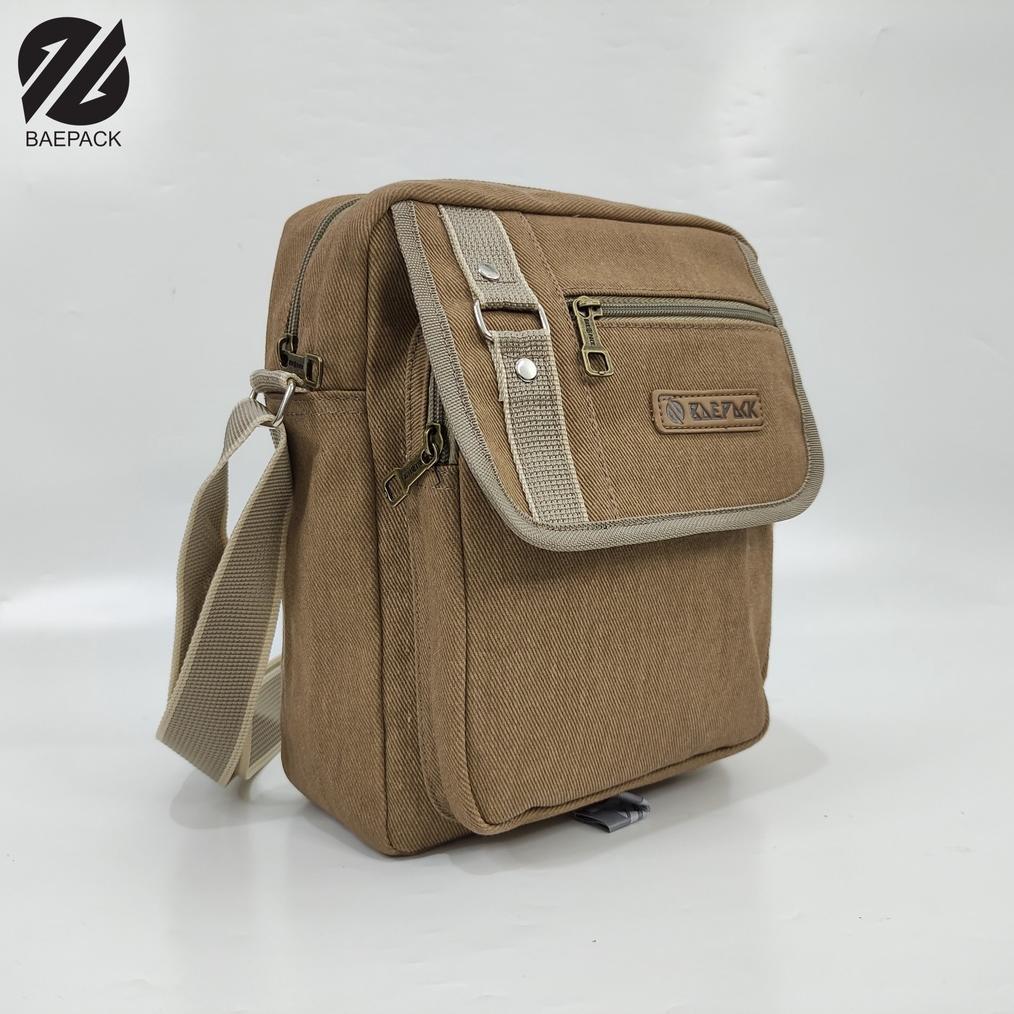 Tas Selempang Pum Hanzo Cokelat Muda Baepack / Tas Bahu Pria dan Wanita / Tas Canvas Cowok Cewek / P