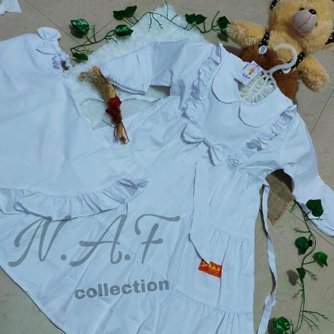 Okeajalah- Gamis Anak Putih Canda Pita N.A.F/Gamis Anak Manasik Dewasa Muslim Sekolah Dress Baju Rem