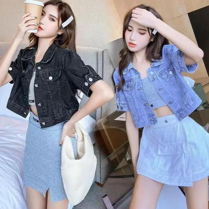 974 - JAKET JEANS CROP KOREAN GIRLS WANITA LENGAN PENDEK/ JAKET CROP JEANS WANITA LENGAN PENDEK Deni