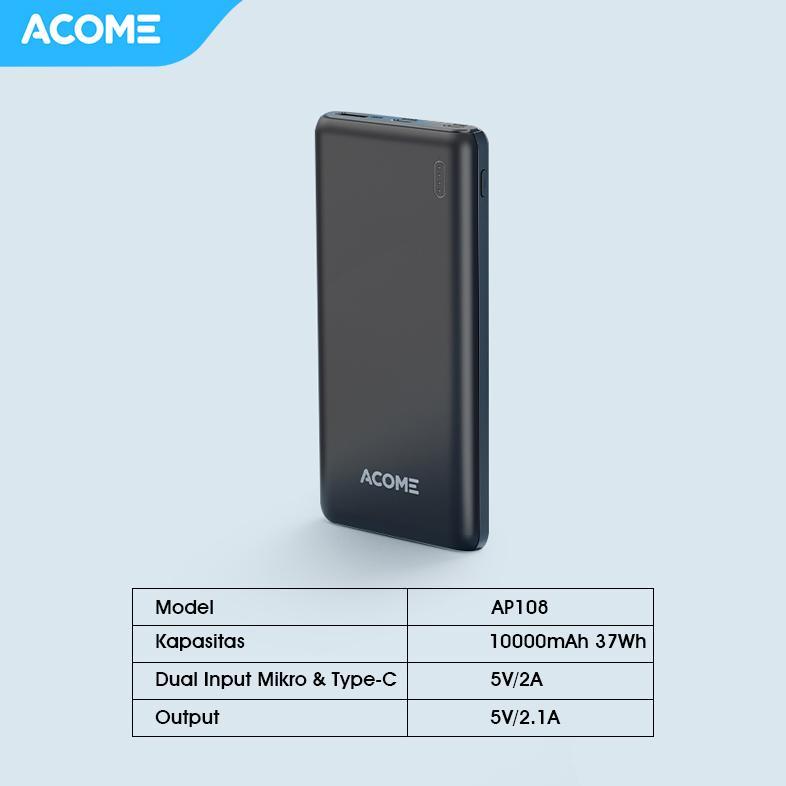 TERBARU ACOME POWERBANK PB 10000MAH 2.1A DUAL PORT MICRO & TYPE-C POWERBANK TRAVEL FRIENDLY ORIGINAL