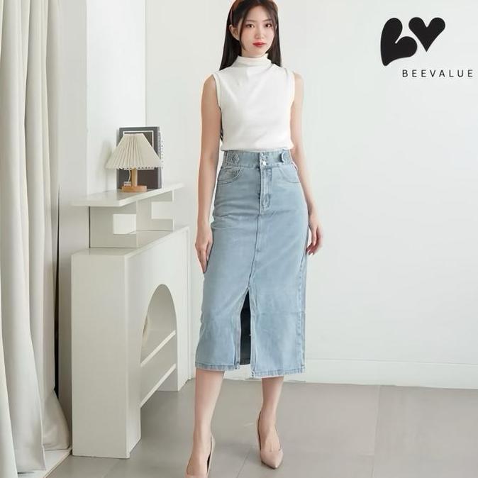 [Beevalue] Rok Jeans Midi Split Skirt Jeans Highwaist Dua Kancing Variasi Belt Bahan Denim Korean St
