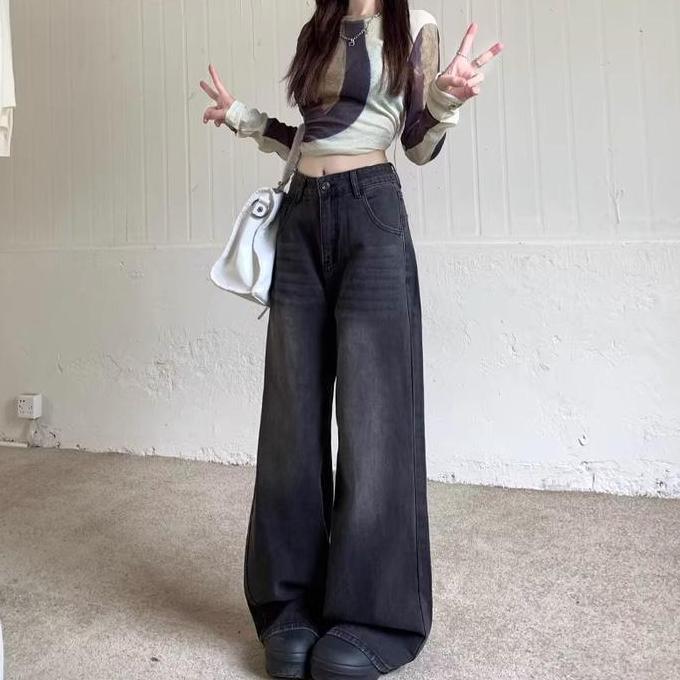 YOYO-Abu-abu jeans Highwaist kulot baggy jeans celana baggy boyfriend pants wanita celana gombrong j