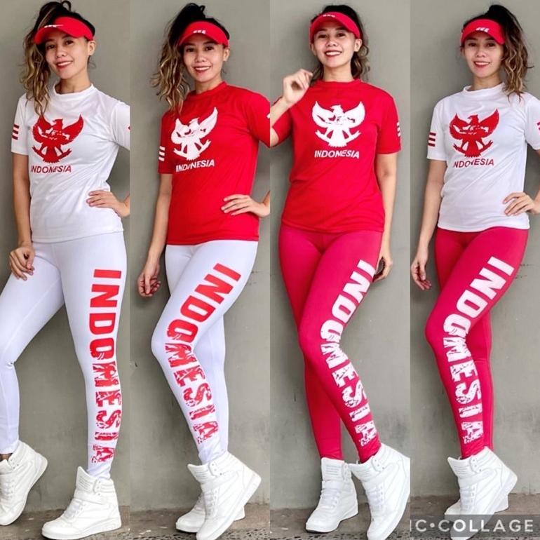 BESTPROMO Set Olahraga Kaos Legging Indonesia Garuda Merah Putih Setelan Senam Zumba Aerobic Gowes P