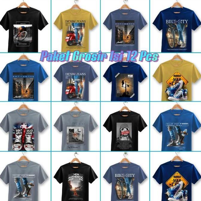 Kaos Oblong Pria Paket Grosir Isi 12 Pcs Motif Distro Motif Viral Motif Trending Ukuran M L XL XXL R