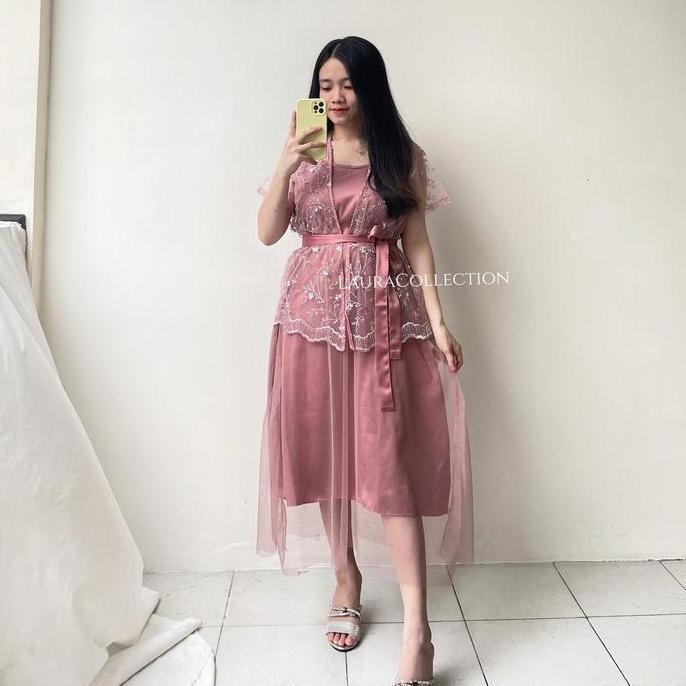 New New Dress Wanita Mewah Free Cardigan Good Quality One Set / Edisi Gaun Pesta Natal Gereja / Kore