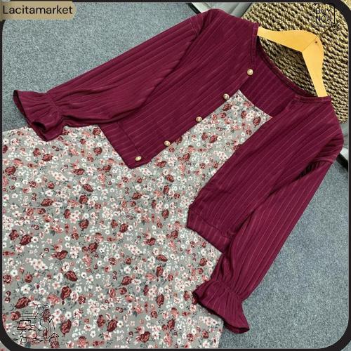 Setelan Cardi Knit Hornet + Overall Dress Motif Bunga / One Set Cardigan Knit Hornet + Overall Dress