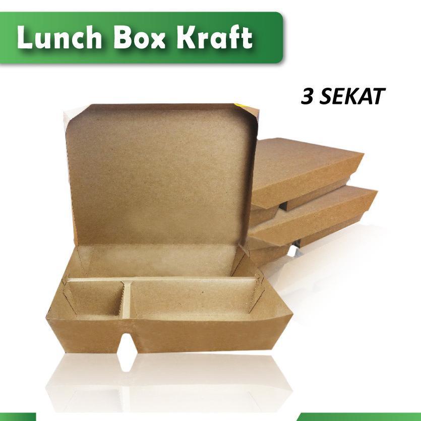 Terlaris Paper Lunch Box Sekat 3 - Lunch Box Paper Sekatt 3 -  Kotak Bento Sekat 3 - Kraft Coklat ( 