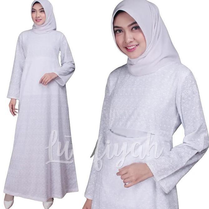 Gamis Putih Umroh Haji Model Kantong Doremon Katun Polos Bunga Hitam Putih Muslim Panjang Wanita Baj