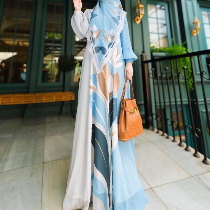 Gamis Syar'i Premium Elda Lengan Balon Plisket Ori By Omeiro - Ceruty Full Printing Epson