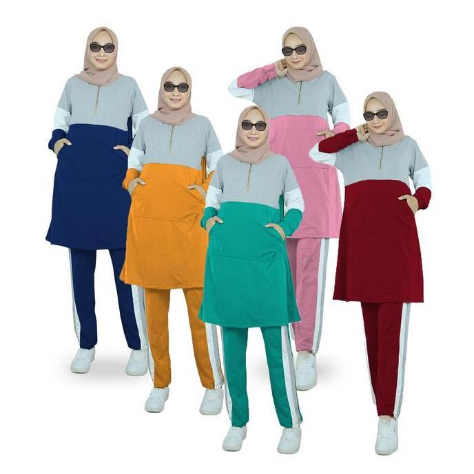RAFIKA SET Setelan Training Olahraga Senam Wanita Muslimah Babyterry Lengan Panjang Size L-3XL / 337