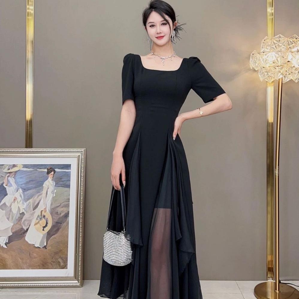 PREMIUM FAN DRESS PESTA HITAM MEWAH ELEGAN/DRESS HITAM KOREA/LONG DRESS HITAM POLOS