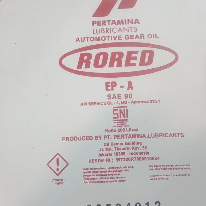 Pertamina Rored Ep-A Sae 90 Pelumas Gardan & Transmisi Sae 90 Api Gl-4 Mb 235.1 Gl4 Sni 209L