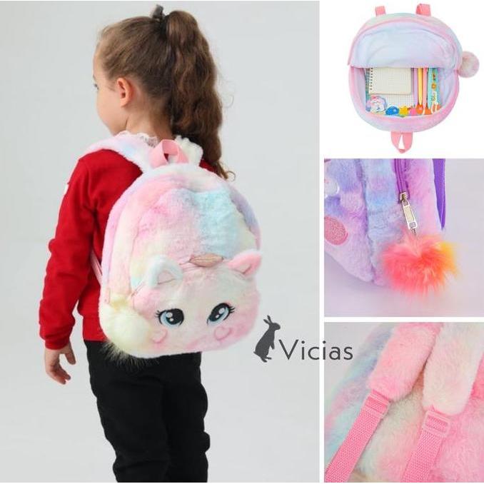NEW TAS RANSEL BACKPACK ANAK PEREMPUAN JUSTICE UNICORN BULU PUTIH PINK ORI