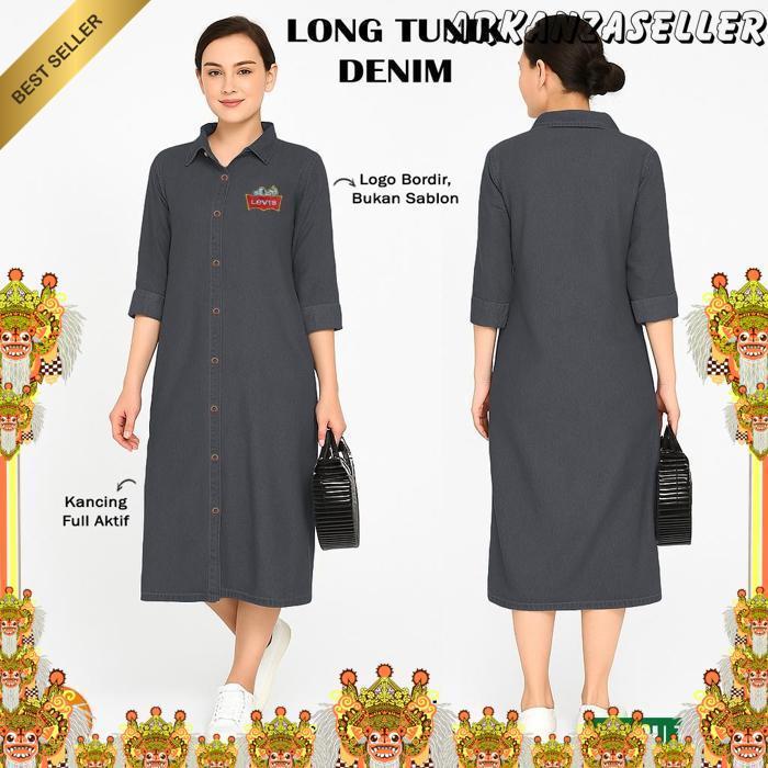 Long Tunic Jeans & Denim Baju Tunik Lengan Panjang Wanita Full Kancing Motif Lucu Logo Bordir Big Si