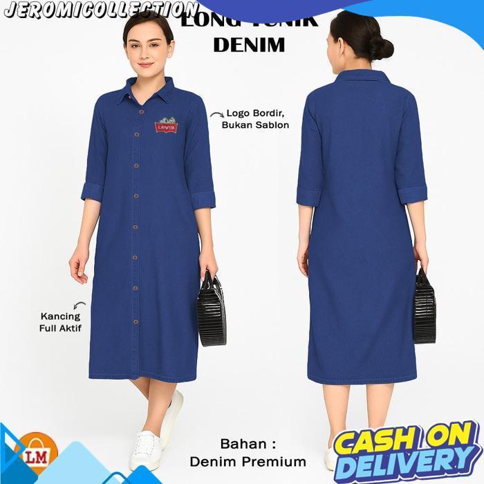 Long Tunic Jeans & Denim Baju Tunik Lengan Panjang Wanita Full Kancing Motif Lucu Logo Bordir Big Si