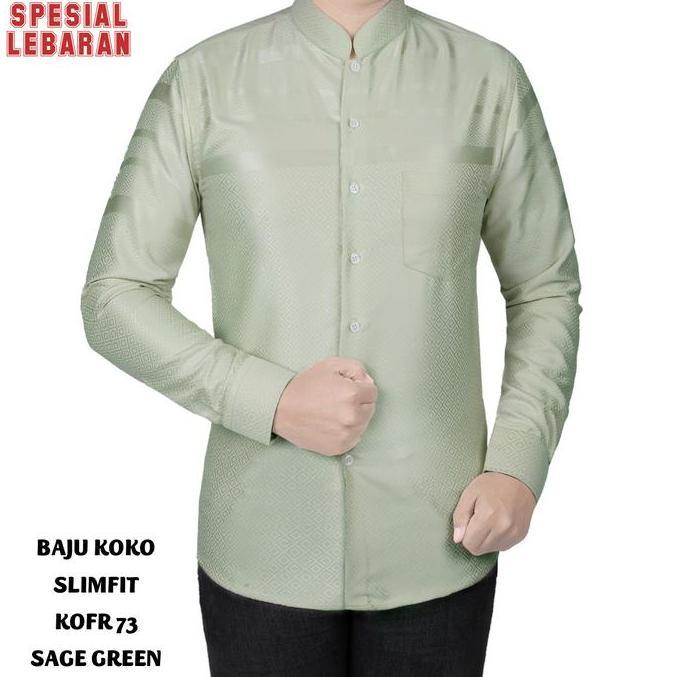 BAJU KOKO PRIA SLIM FIT KEMEJA KOKO PRIA MUSLIM LENGAN PANJANG WARNA SAGE GREEN KOFR 73