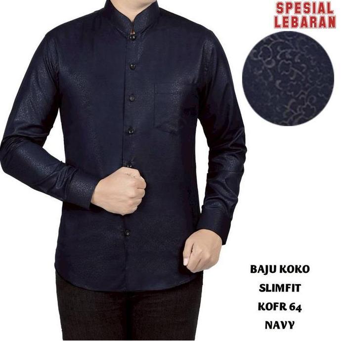 BAJU KOKO MUSLIM PRIA KEMEJA KOKO PRIA SLIM FIT LENGAN PANJANG FORTUN REMO KOFR 64 NAVY GLOW MUSLIM 