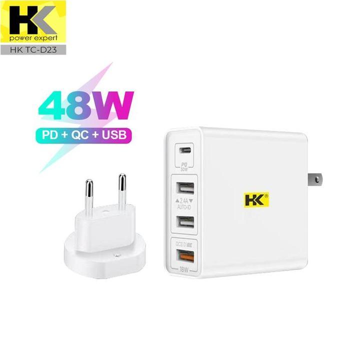 HK D23 Kepala Charger Fast Charging 48W VOOC QC3.0 Charger PD + USB C to C