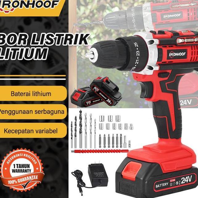 Ironhoof Mesin Bor Listrik Bor Bor Tanpa Kabel 24V Set Lengkap