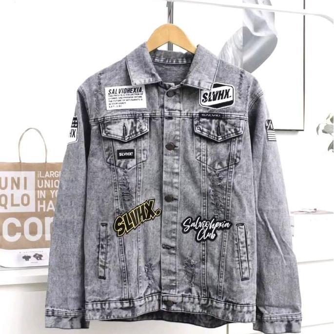 Anata- Jaket Jeans Pria Bordir Salvio Hexia Jaket Denim Cowok Sandsh Hitam Polos Oversize