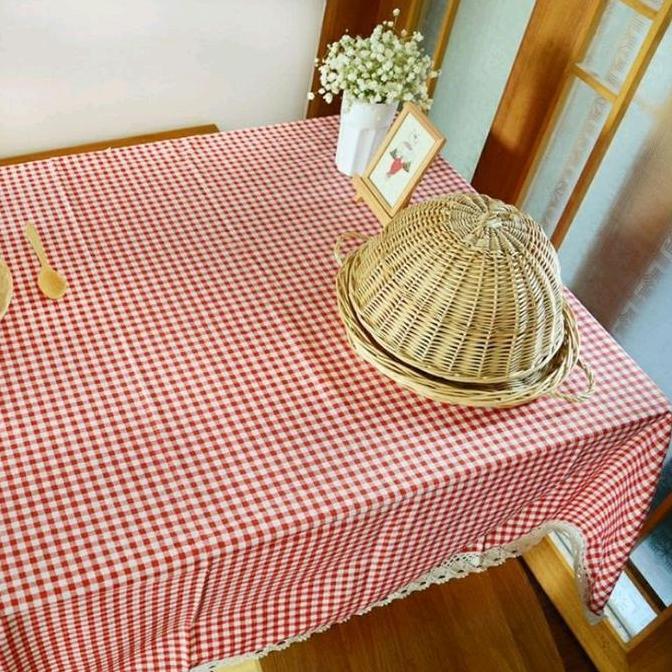 Taplak meja makan motif kotak 1cm dengan renda Kain Katun