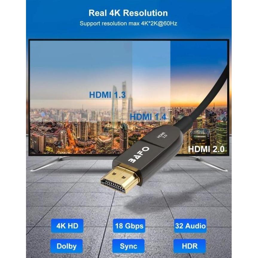 Murah Bafo Kabel Hdmi 2.0 Active Fo Fiber Optic Optik 4K 10 15 20 25 30 40 50 60 75 80 100 Meter M B