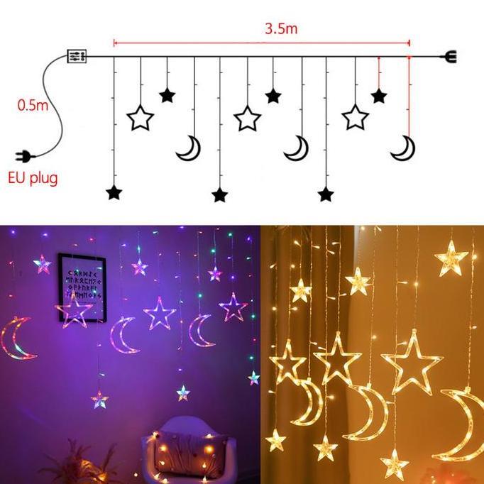 Lampu Hias Kelap-Kelip Bintang Bulan Lampu Natal Tirai Led Lampu Hias Kamar Dekorasi