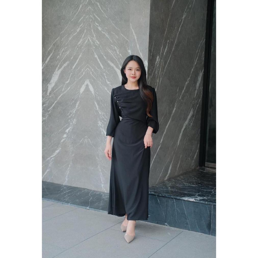 HOT PRODUCT Yeona Dress Cotton Draped Mewah Elegant / Dress Lengan Panjang Bertali Casual
