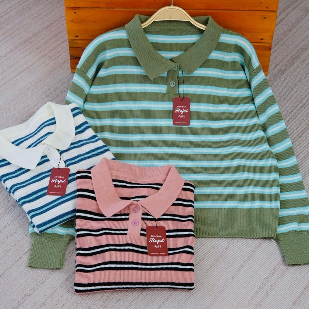 Grade Ori Sakurai Sweater Rajut Polo Kancing Korea Motif Blaster
