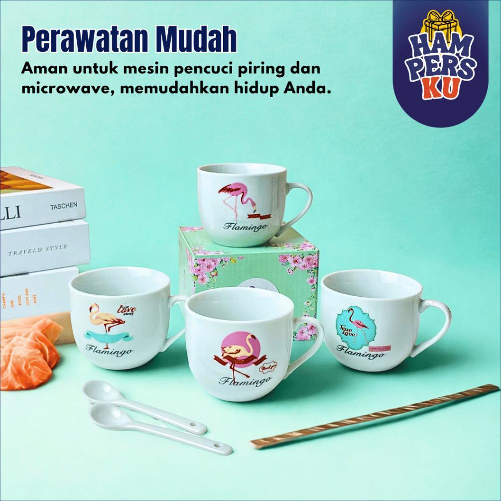 Best Seller Hampers Gelas Kopi Keramik Set Sendok Motif Flamingo Couple Free Box Eksklusif Estetik H