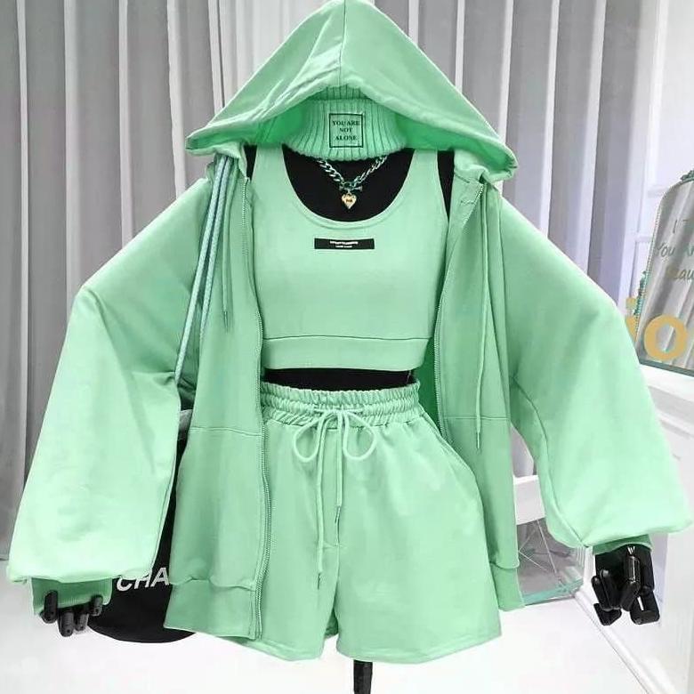 Terlaris Setelan Wanita Zora One Set 2In1 Jaket + Pants No Tanktop Korean Style | One Set Hoodie Zip