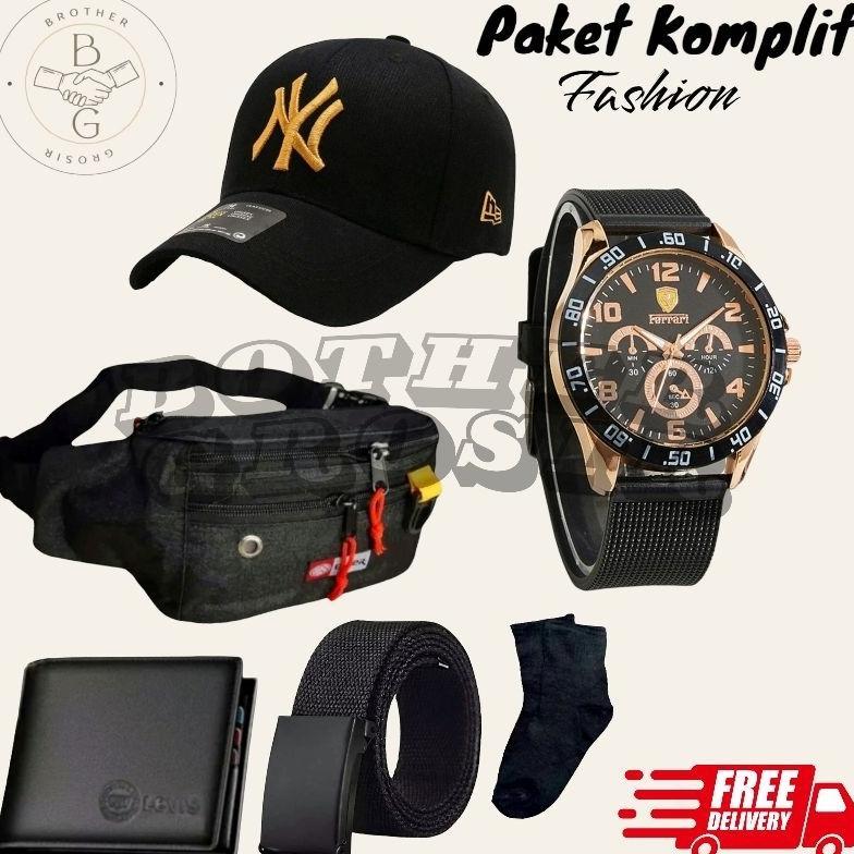 (PROMO PAKET PRIA TERKOMPLIT) 6 in 1/Jam Tangan Pria/ Jam Pria Keren Gratis Tas Selempang,Topi Distr