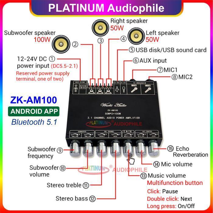 TPA3116 AMPLIFIER KARAOKE ECHO MICROPHONE BLUETOOTH TWS 2.1 CH ORIGINAL ZK-AM100 AM100F ORIGINAL DAN