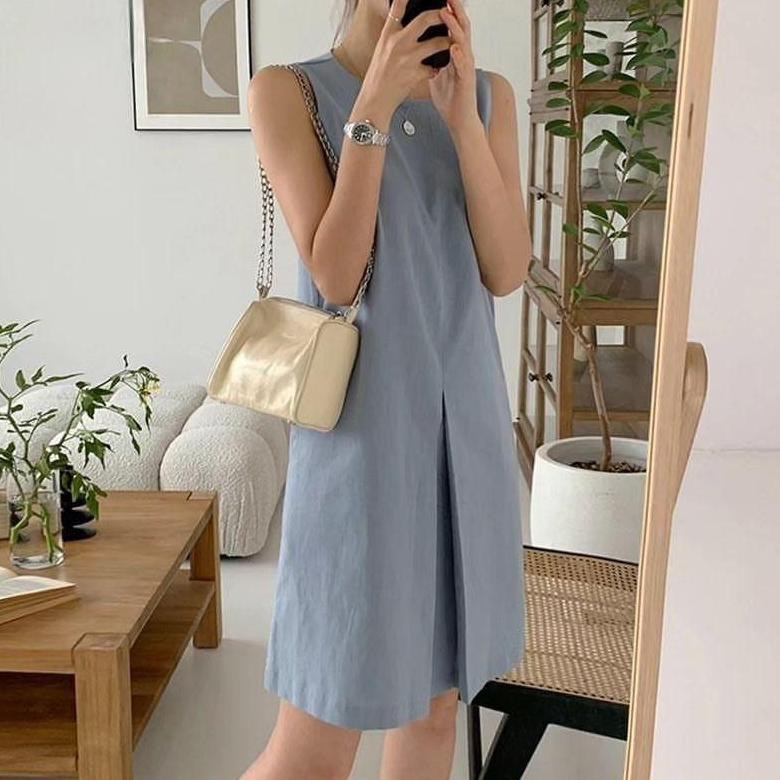 Tahan Lama Ezola Midi Maxy Dress Wanita Basic Korea Tanpa Lengan Matt Linen Premium Ootd Fashion Rem