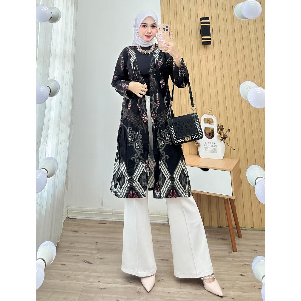 Murah  Long Cardi Batik Motif Modern Kekinian Simple Fashion Long Cardi Outer Depan Outerwear Cardig