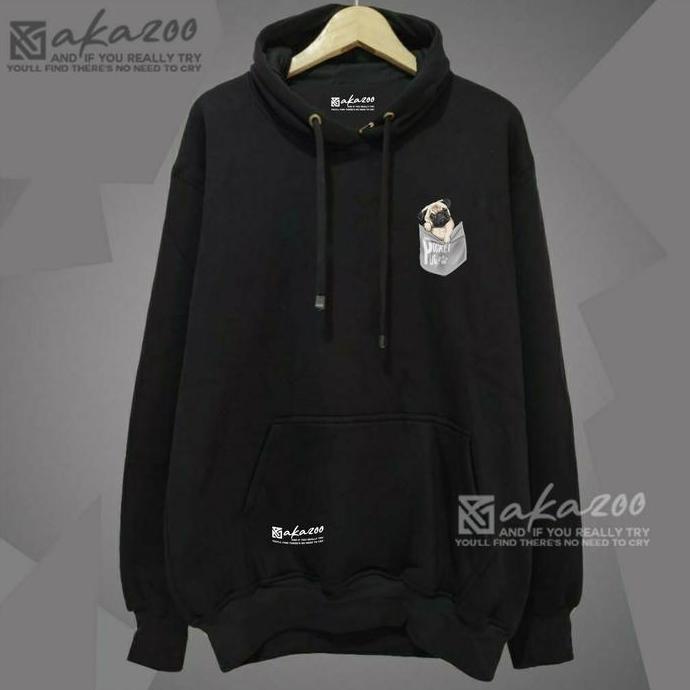 hoodie pria distro tebal akazoo warna hitam POCKET PUG GAMBAR SAKU sablon putih sweater cowok over