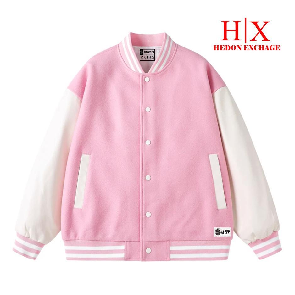 MURAH HEDON STATE Jacket Varsity Baseball Kancing Polos Pink Putih Pria Wanita Unisex Kekinian
