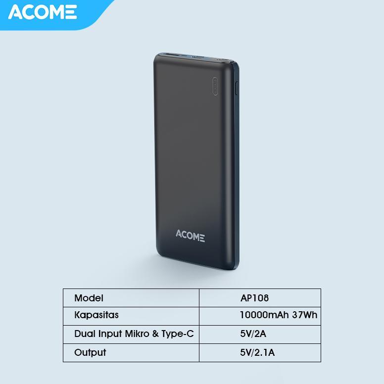 Cuci Gudang Acome Powerbank Pb 10000Mah 2.1A Dual Port Micro & Type-C Powerbank Travel Friendly Orig