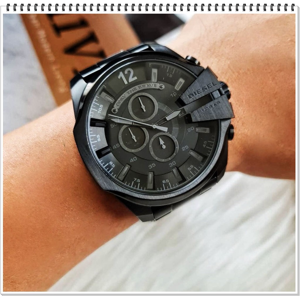 Diesel Mega Chief Chronograph Black Dial Black Steel Strap Watch For Men DZ4355