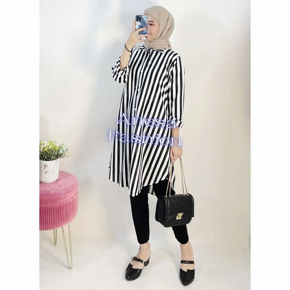 CUCI GUDANG Tunik Salur Hitam Putih Dewasa 137 Tunik Atasan ANESAFASHION