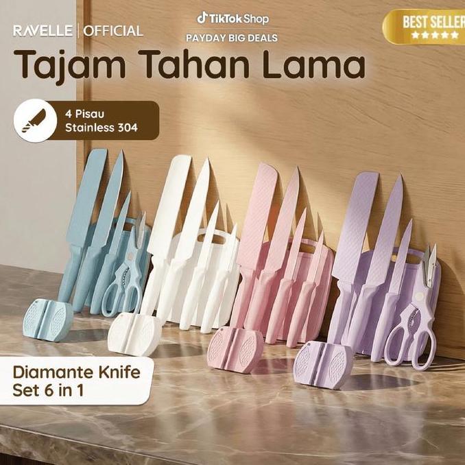 RAVELLE Pisau Set Diamante Knife Set 6 in 1 Set - Pisau Dapur Anti Lengket (TERBAIK) (TERBARU) (TERM