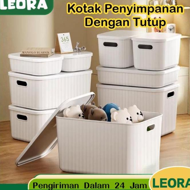 Leora Kotak Penyimpanan Plastik Susun Dengan Tutup Storage Box Container Bin Pantry Organizer Keranj